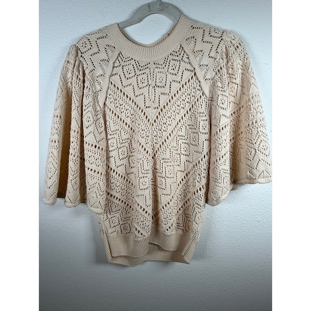 Ba&sh Cream Pointelle‎ Knit Cotton Sweater Wide Bell Sleeve Boho Top Size 1 S